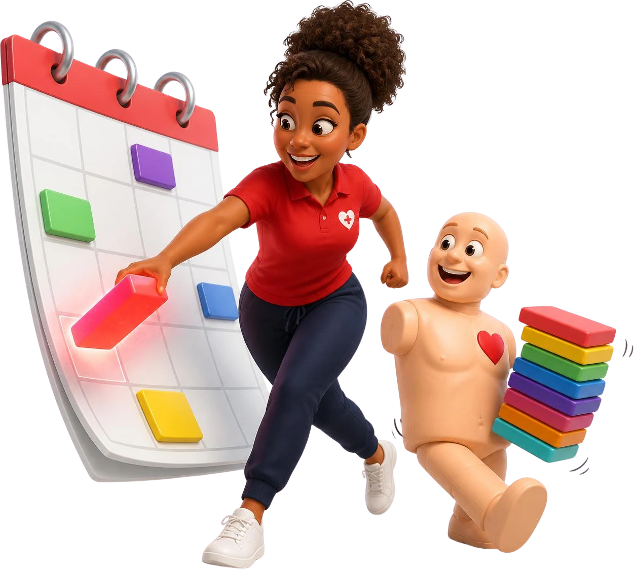Coach Rae dragging a class onto a calendar while Pulse carries a stack of classes