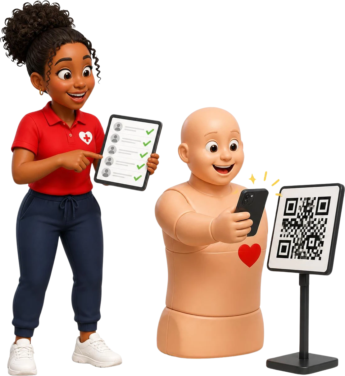 Pulse scanning a class QR code while Coach Rae watches the roster fill with check marks