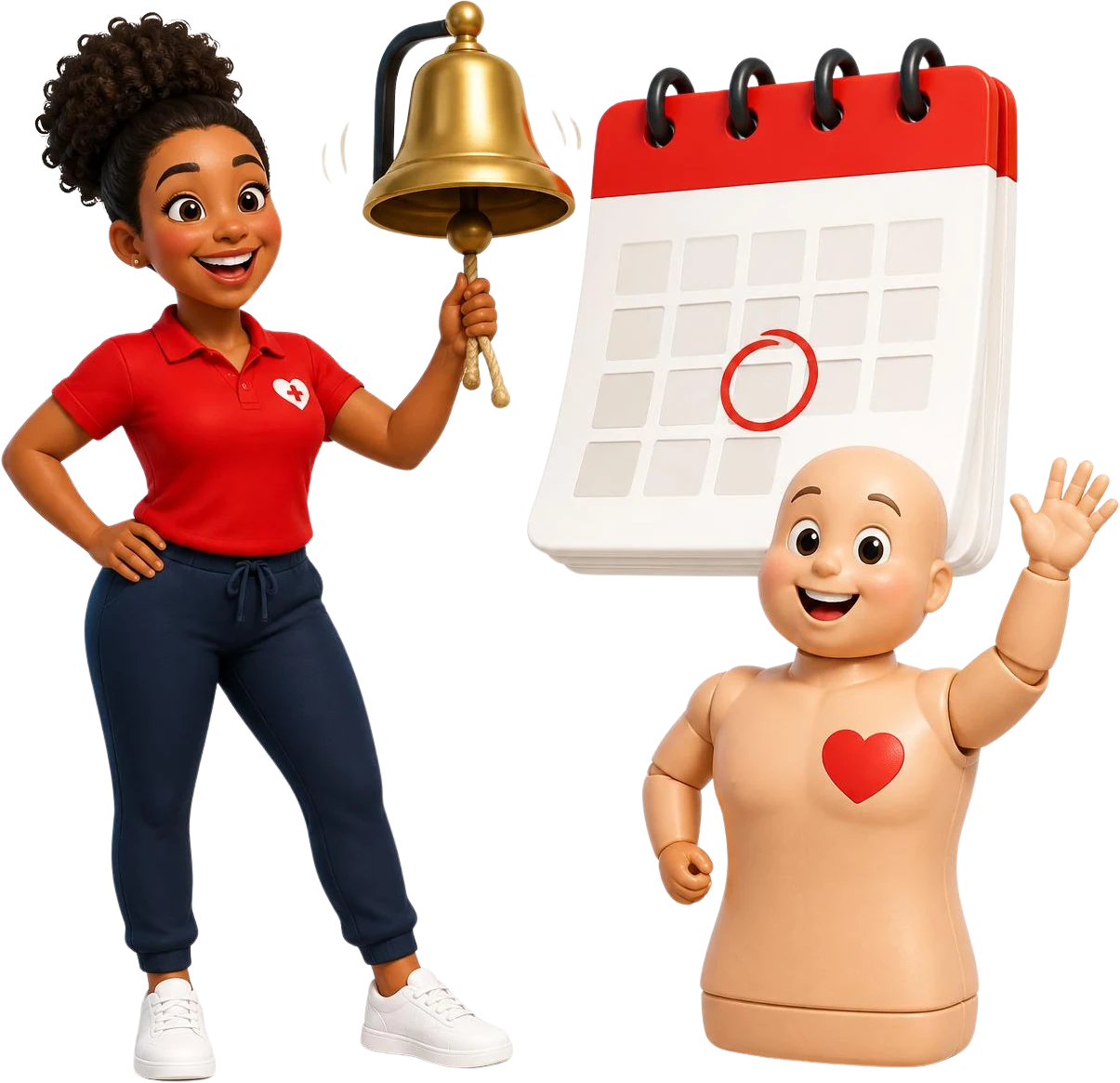 Coach Rae ringing a reminder bell next to a calendar date while Pulse waves