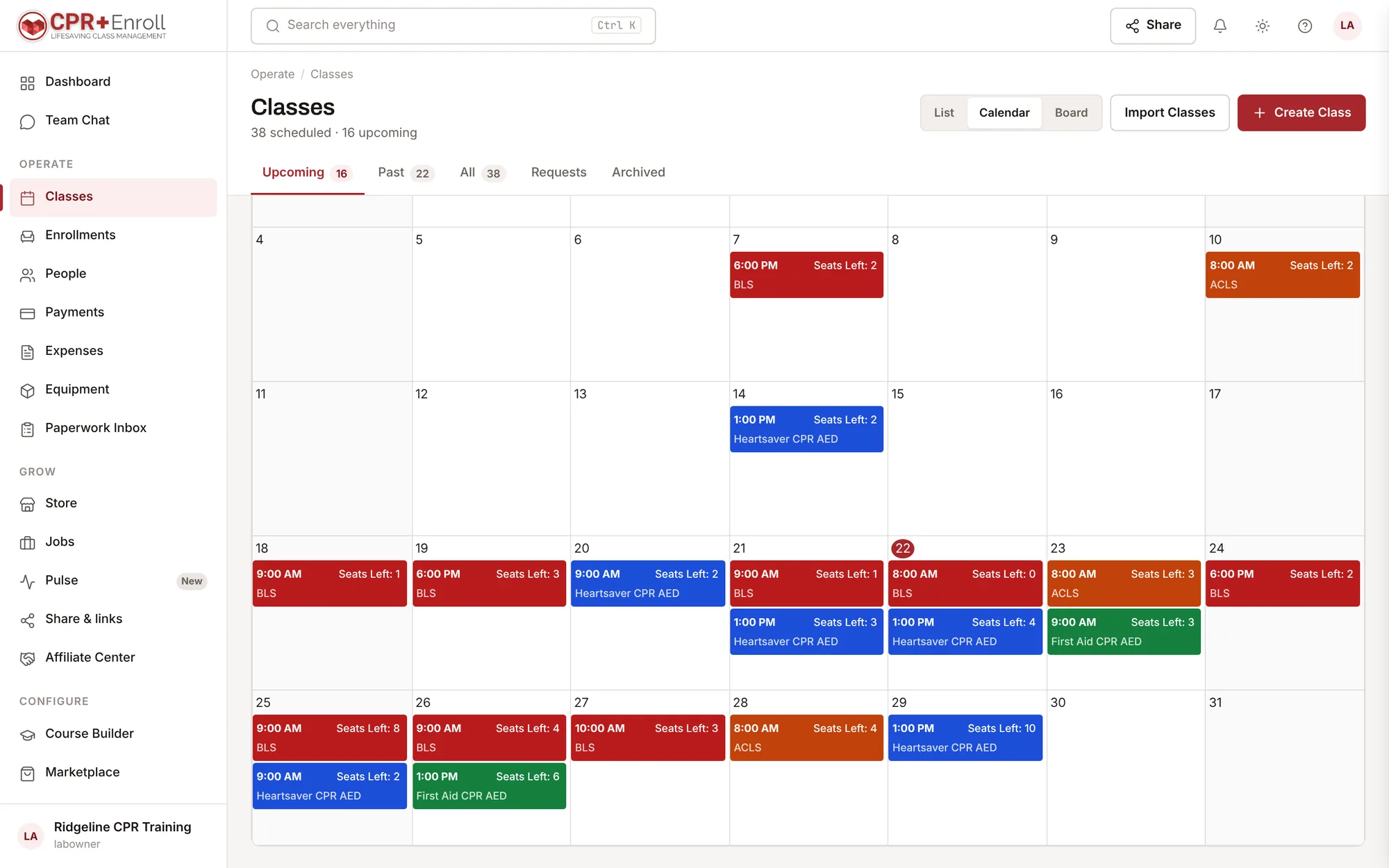 CPR Enroll class calendar showing a week of BLS, Heartsaver and ACLS classes