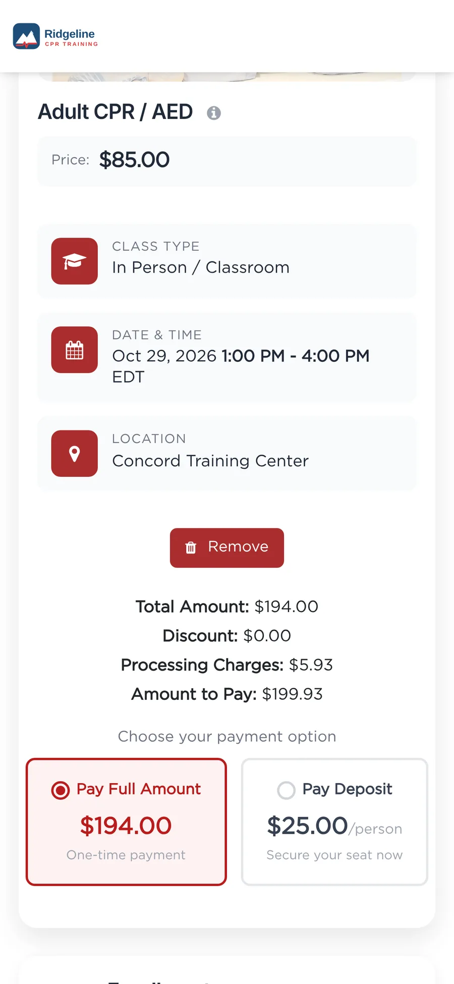 Mobile checkout for a CPR class with two students and an add-on