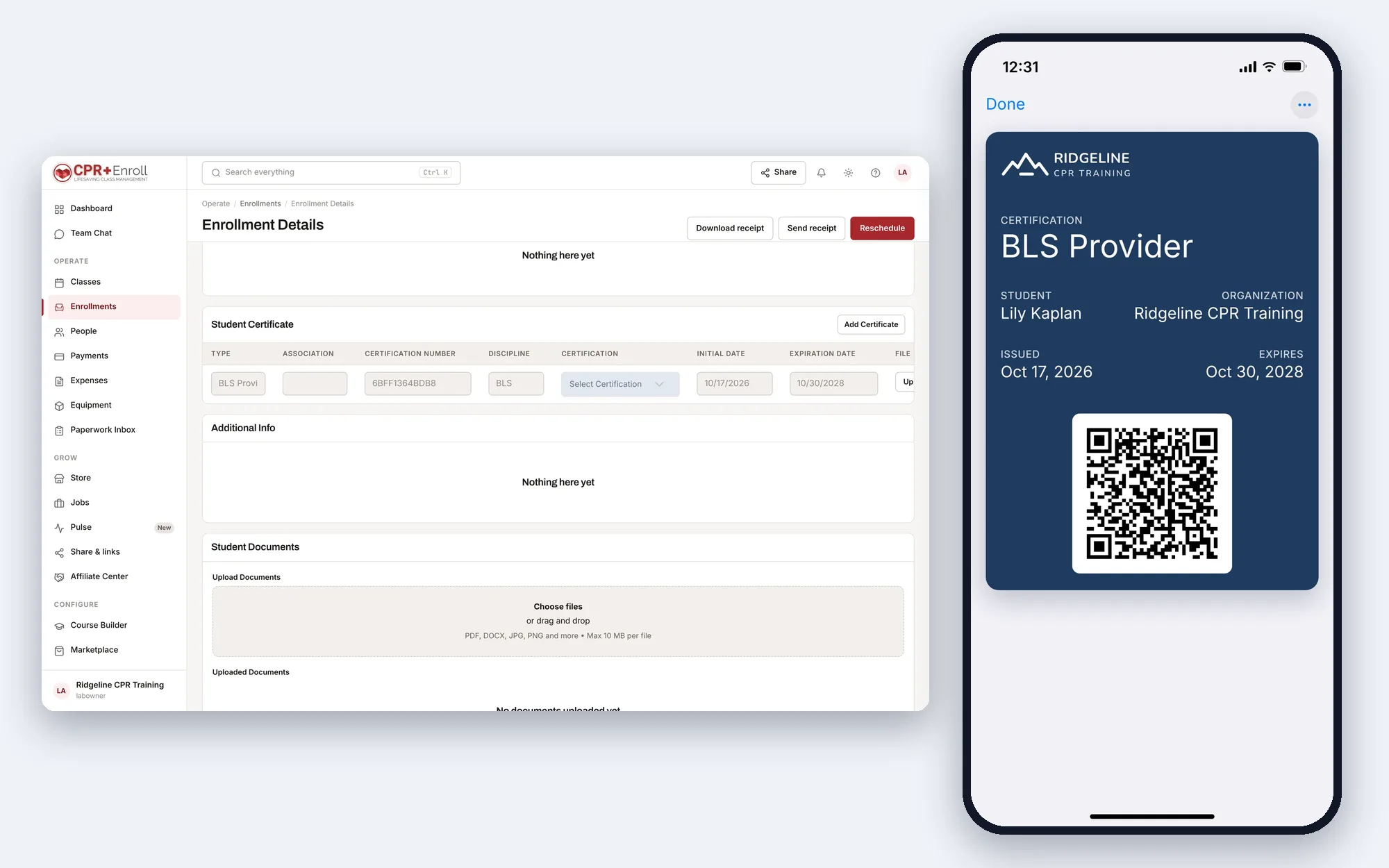 Certification record next to a wallet pass on a phone