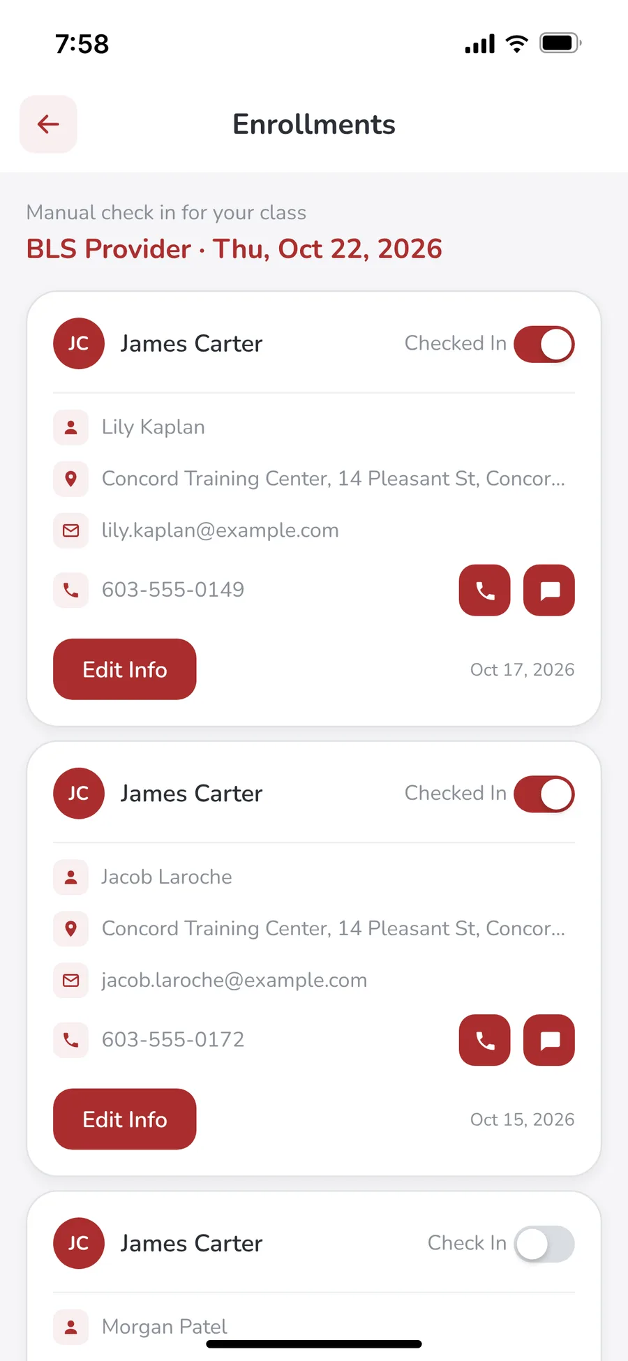 Class roster on a phone with students being checked in